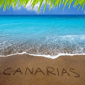 棕色沙滩沙沙 有字写着  加那利群岛旅行支撑情调太阳海洋波纹地标热带场景泡沫图片