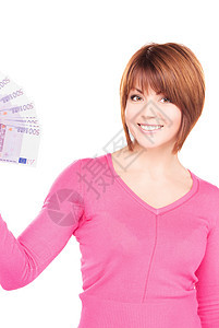 幸福的有钱的女人金融女孩购物货币微笑经济女性优胜者笔记财政图片