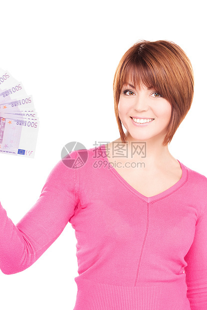 幸福的有钱的女人金融女孩购物货币微笑经济女性优胜者笔记财政图片