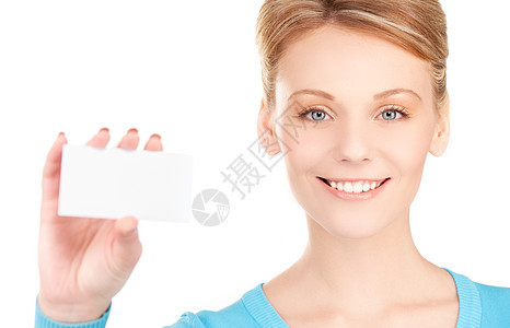 拥有名片的快乐女孩广告空白人士金发女郎微笑商务卡片女性白色蓝色图片