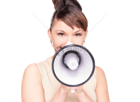 妇女用扩音器女性白色演讲人士微笑黑发快乐注意力广告民众图片