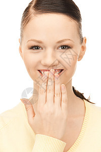 手在口中秘密阴谋学生女士微笑谣言八卦青少年手势情感图片