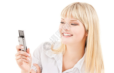 拥有手机的幸福妇女女性冲浪互联网电子邮件八卦金发女郎网络短信女孩上网图片