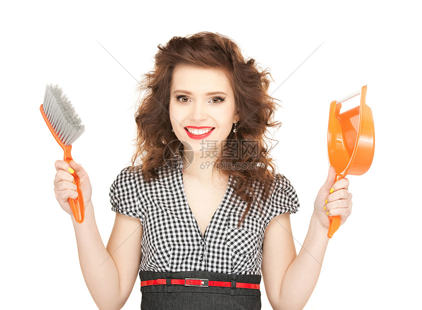 清扫干净的美容女子灰尘快乐家庭女性家务服务清洁工主妇房子扫帚图片