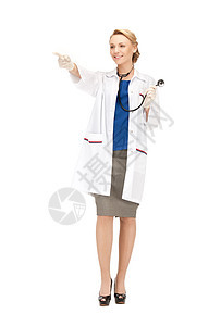 具有吸引力的女医生用手指指着她的手指临床指责实验室女孩药品微笑专家女士诊所疾病图片