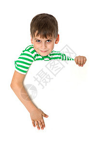 男孩拿着横幅手指标语派对白色快乐手臂帆布边缘空白教育图片