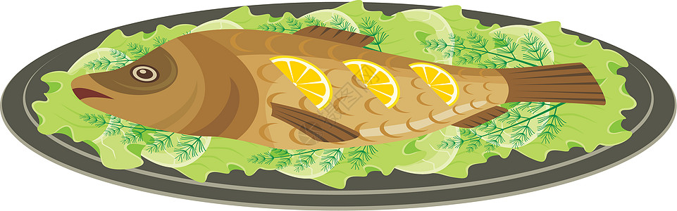 和烤鱼一起吃餐具食物午餐鲤鱼草本植物蔬菜柠檬酱料茴香插图图片