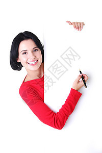 快乐的美丽的女人写作 用笔在空白板上职业广告教育海报女性人士手臂商务横幅绘画图片