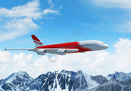高山上空的白色客机航班假期顶峰涡轮奢华冰川旅游土地地平线机身图片