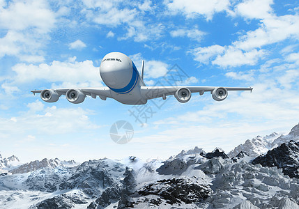 高山上空的白色客机航空空气土地奢华地平线风景晴天地形旅行翅膀图片