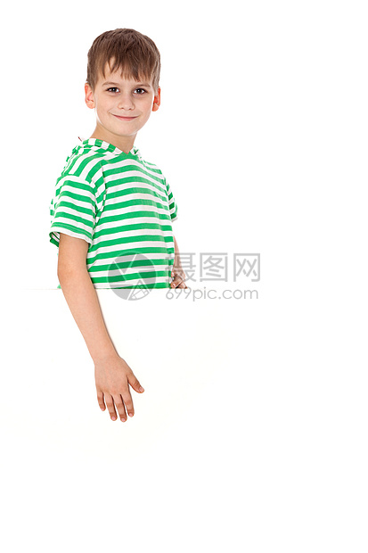 男孩拿着横幅水平框架童年空白衣服标语派对手指手臂快乐图片