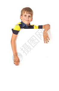 男孩拿着横幅水平边缘标语手臂派对广告牌友谊幸福孩子手指图片