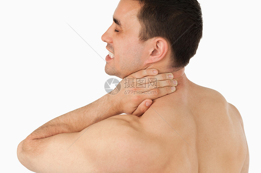 患有颈部疼痛的青年男子痛苦紧张混血儿脊柱颈椎白色疾病躯干运动药品图片