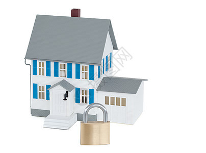 白色背景的有保障灰色屋大厦保险插图烟囱财产安全挂锁玩具金属房子图片
