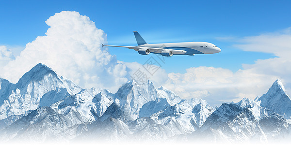 高山上空的白色客机土地空气翅膀天线地平线旅行航空地形奢华蓝色图片
