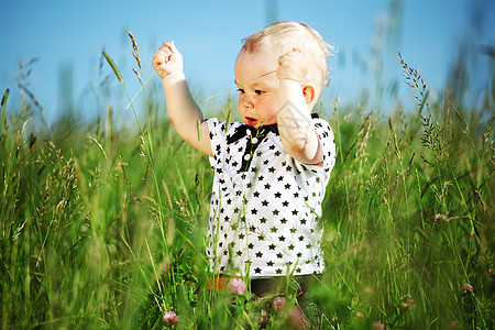 青草中的男孩植物幸福男性婴儿孩子木头蓝色眼睛童年儿子图片