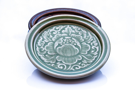陶瓷锅炉盘子制品咖啡店用餐白色手工绿色烹饪按钮蓝色图片
