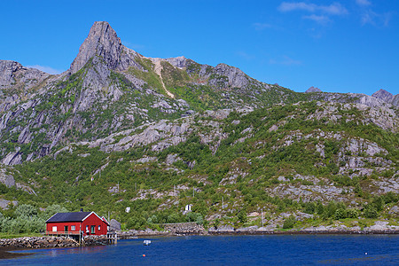 Fjord 的渔船小屋峡湾风景钓鱼海岸全景山脉渔村图片