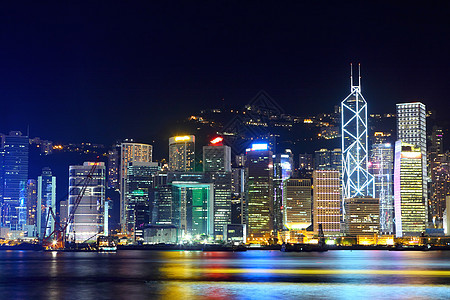 香港之夜全景照明高层港口旅游市中心蓝色天空金融城市图片