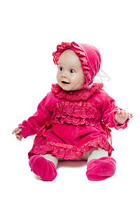 可爱的宝贝女孩裙子孩子情感婴儿投标衣服靴子女性好奇心微笑图片