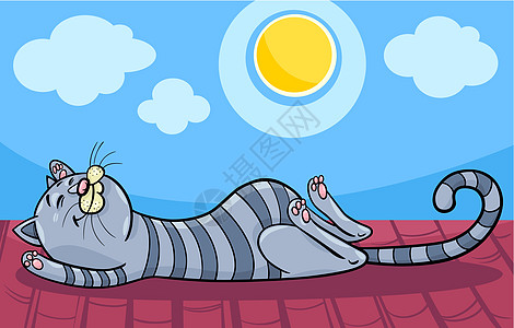 沉睡猫卡通画插图太阳小猫胡须动物灰色尾巴条纹卡通片猫科天空图片