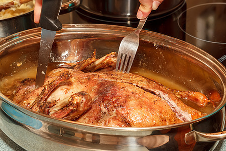 烤炉中的烤鸭炙烤晚餐烤架家禽烧烤厨房皮肤鸭子烤箱焙烧炉图片