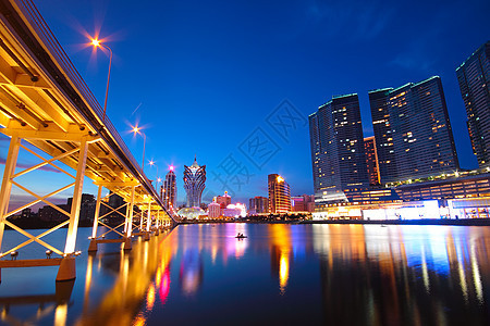 亚洲澳门桥和摩天大楼的澳门城市景象日落地标市中心建筑天空景观天堂旅行反射戏剧性图片