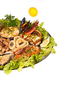 和marisco巴里拉达服务贝类乌贼对虾美食鱿鱼圈午餐图片