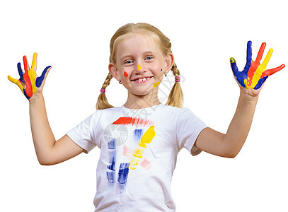 手有涂漆的女子乐趣女性女孩专注育儿蓝色幸福手指绘画画家图片