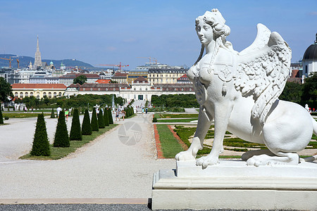 奥地利维也纳Sphinx雕像和贝尔韦德雷花园建筑历史性假期狮身首都雕塑城市风格纪念碑房子图片