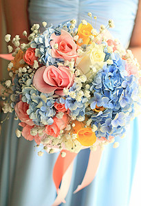 带花束的新娘或伴娘 闭合玫瑰生活丝带叶子女性婚礼蓝色订婚仪式裙子图片