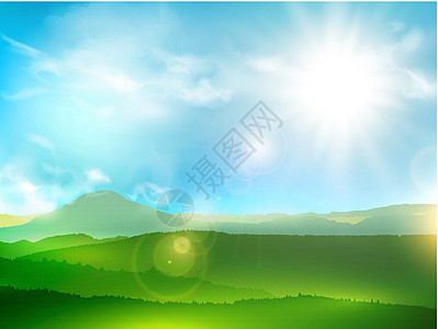 山地景观摘要晴天绿色太阳丘陵风景荒野天空地平线全景森林图片