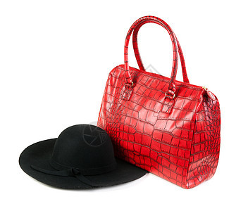 红时装女士手袋和黑帽子天后女性皮革裙子装饰品季节衣服毛毡红色白色图片