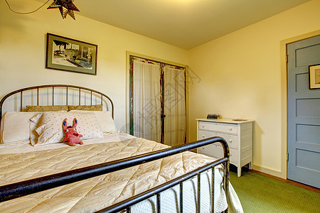 带铁床和旧门的乡间卧室图片