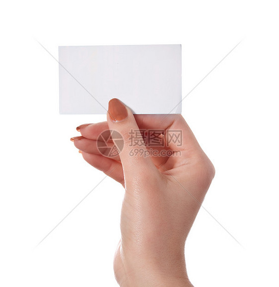 孤立的手持空白名片床单拇指工作边界白色女性人士身份海报问候语图片
