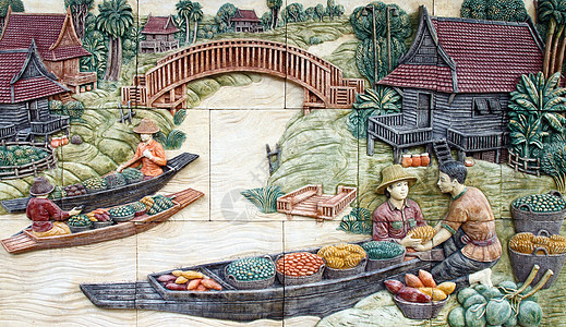 泰国寺庙墙上的泰国土著文化Thai Stucco工艺农村绘画传统奶牛雕塑宗教雕像手工水泥图片