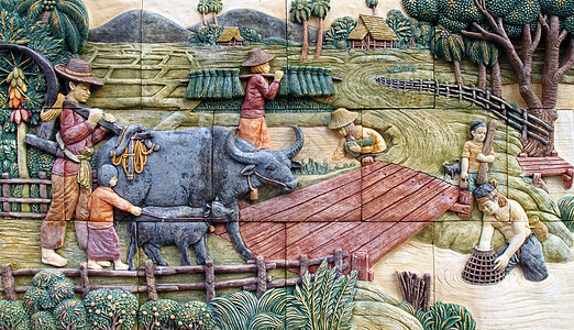 泰国农民村 墙上的艺术雕像雕塑修炼者雕刻寺庙文化手工奶牛工艺绘画图片