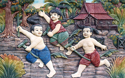 泰国寺庙墙上的泰国土著文化Thai Stucco奶牛雕像模具修炼者传统装饰手工框架建筑学水泥图片