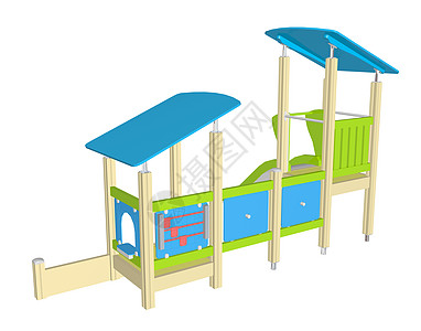 带有幻灯片 3D 插图的玩家院子学校蓝色房子孩子公园黄色乐趣孩子们时光图片