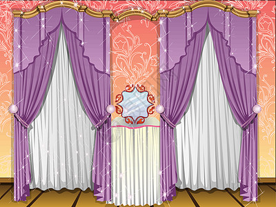 窗帘插画紫色绘画布料插图艺术品白色窗户织物丝绸天鹅绒图片