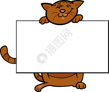 带棋盘或卡片的卡通猫框架宠物小猫海报漫画猫科名片插图横幅木板图片