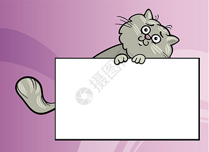 带棋盘或卡片的卡通猫猫科木板快乐问候语漫画横幅紫色明信片宠物问候图片