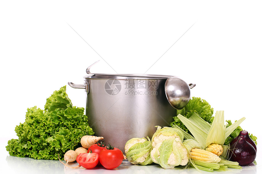 鲜新鲜美味的蔬菜 配有锅和汤盘图片