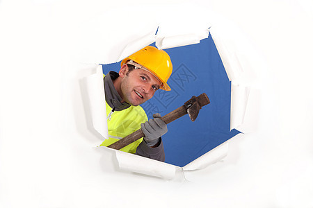 使用 papaxe 的构建器微笑建设者帽子工作服拆除地面植物头盔蓝色男人图片