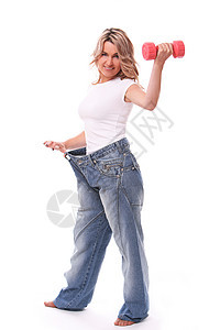 体重减肥后穿大裤的女人快乐损失数字幸福成功身体衣服哑铃女性裤子图片