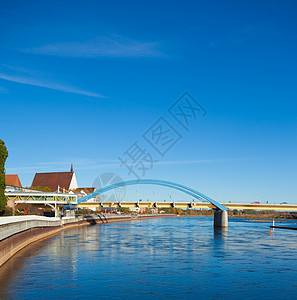 德国至波兰奥德桥边界抛光基础设施蓝色订单黄色天空水闸国际旅游图片