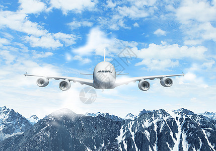 高山上空的白色客机飞机冰川机器奢华涡轮风景航班航空阳光机身图片