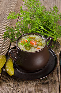 波兰泡黄瓜汤蔬菜午餐盘子洋葱草本植物营养饮食灯泡芳香芹菜图片