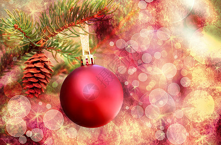 灯光圣诞树在抽象灯光背景上的圣诞红装饰品背景