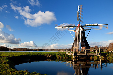 迷人的荷兰风车阳光池塘晴天风景地标旅行天空农村地平线蓝色图片